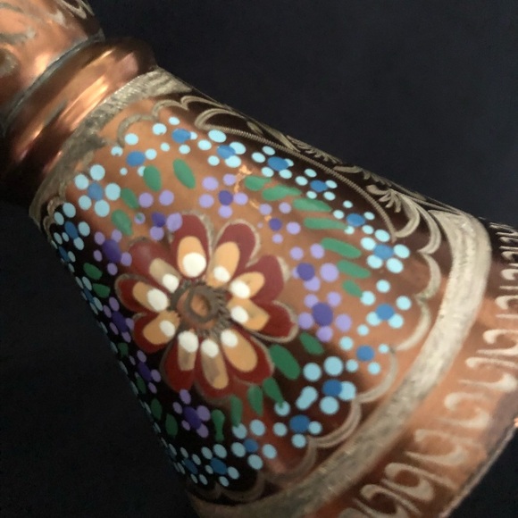 Vintage Hand Painted & Etched Copper Vase with Floral Designs - Picture 14 of 16
